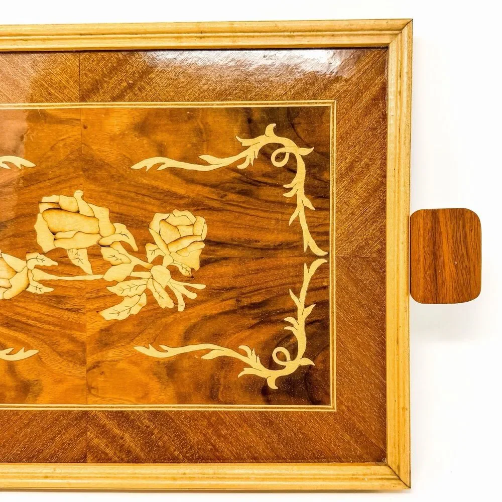 Vintage Wood Marquetry Serving Tray Floral Rose Inlay Wood Handles